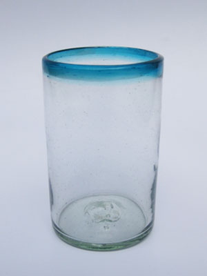 Vasos de Vidrio Soplado / Juego de 6 vasos grandes con borde azul aqua / Éstos vasos le darán un bello toque a cualquier mesa, con su decorado en azul aqua.